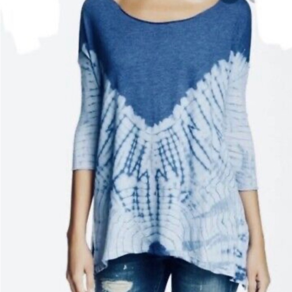 We The Free Blue Tie Dye Boho 3/4 Sleeve Boat Neck Boxy Top XS